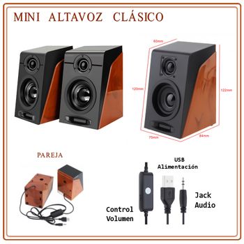Mini Altavoces USB de estilo clásico. Conexión Jack audio. Alimentación USB. TRICOM