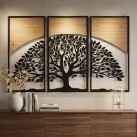juego de 3 paneles decorativos 3d de metal negro y madera 105x2x70 cm