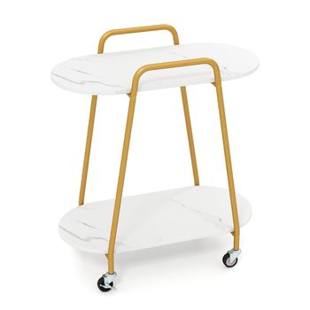 Costway Mesa Auxiliar Rodante 2 Niveles Superficie Mármol Falso Ruedas Bloqueables Estructura Metálica para Dormitorio Cocina Salón Blanco