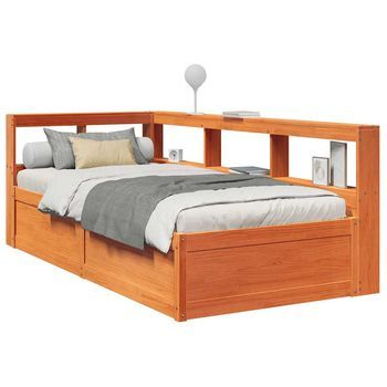 Cama Individual | Cama Para Adultos | Cama Con Estantería Sin Colchón Madera Maciza Marrón 100x200 Cm Cfw845233