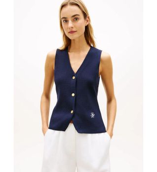 Tommy Hilfiger para mujer. WW0WW49707 Chaleco de punto Premium marino (M), Casual, Algodón