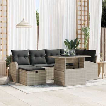Juego De Sofá De Jardín De 7 Piezas Con Cojines Gris Claro De Ratán Poliéster V9625 Unico / Beige
