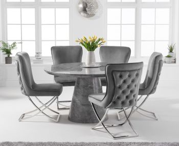 Ravello 130cm Round Grey Marble Dining Table with Giovanni Velvet Chairs - Grey, 4 Chairs