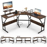 escritorio en forma de l con toma de corriente y mesa de ordenador de esquina con soporte de monitor movil marron