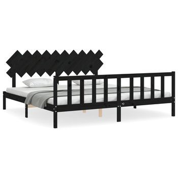 Cama Matrimonial | Cama Para Adultos | Estructura De Cama Con Cabecero Madera Maciza Negro 200x200 Cm