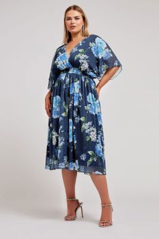 Yours London Vestido Azul Marino Floral Cintura Elástica, Mujer Curvy Y Tallas Grandes, Yours London