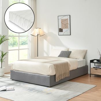 Cama Matrimonio Nola Somier Abatible Lino + Colchón 140x200cm Gris [en.casa]