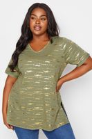 yours top caqui algodon brillo efecto lamina metalica mujer curvy y tallas grandes yours