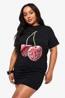 vestido camiseta plus oversize con estampado de leopardo y cerezas negro