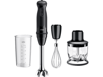 Batidora de mano - Braun Minipimer MultiQuick 5 MQ50202MBK, 1000W, 0.6 l, SplashControl, EasyClick Plus, 21 velocidades, 2 accesorios+Picadora, Negro