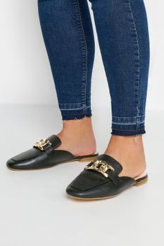 Mocasines Mules Negros Cadena Dorada En Ancho Especial