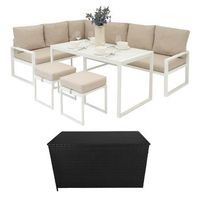 set sofa esquinero de aluminio blanco 7 plazas  caja de almacenamiento en ratan negro
