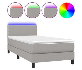 Cama box spring colchón y luces led tela gris claro 100x200 cm liso con clavos