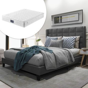 Cama Tapizada Doble 140x200 Cabecero Acolchado Somier Láminas Lino Gris Firmeza Media Con Colchón Muelles