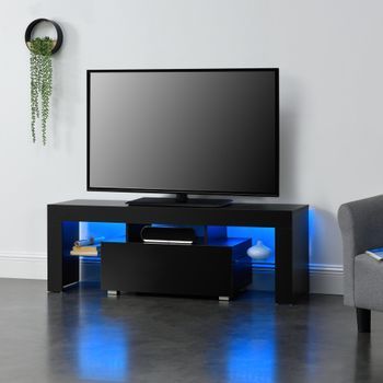 Mesa De Tele Con Led - 130 X 35 X 45 Cm - Cómoda - Mueble De Salón Para Tv - Con Estantes De Vidrio Y Con Cajón - Almacenamiento - Negro [en.casa]®