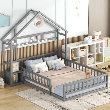 Cama Infantil 140x200 Casita Madera Maciza Gris Con Barrera Y Mesita