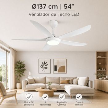WOOX Ventilador de Techo con Luz LED Regulable 54 Pulgadas, Motor DC Silencioso, 6 Velocidades, Mando a Distancia, Temporizador y Función Memoria