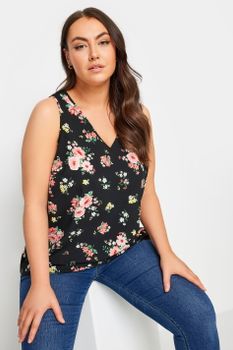 Yours Top Negro Sin Mangas Estampado De Flores, Mujer Curvy Y Tallas Grandes, Yours