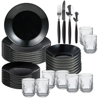 Pack Completo de Vajilla Negra de 24Pzs + 8 Vasos de cristal 430ml + Cubertería de 32 Pzs color Negro San Ignacio