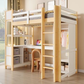 Cama Alta 90x200 Cm Con Estanterías, Cajones, Escritorio Y Armario, Sin Colchón, Natural