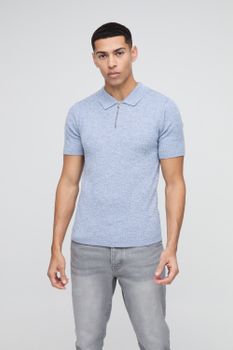 Polo De Punto Ajustado Al Músculo Con Cremallera En El Cuello Y Colores Retorcidos, Azul