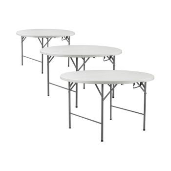 Pack 3 Mesas Plegables Portátiles Resina Ø121cm Blanco Efecto Granito Thinia Home