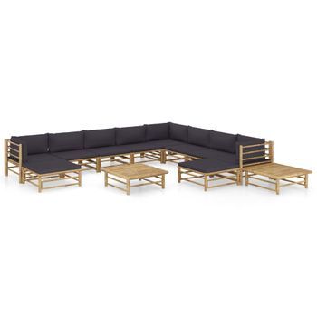 Set De Muebles De Jardín 12 Piezas Bambú Y Cojines Gris Oscuro Vidaxl