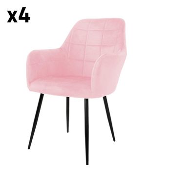 4x Sillones de comedor rosa de terciopelo patas de acero vintage
