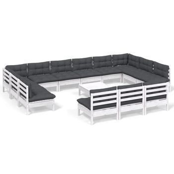 Muebles De Jardín 14 Piezas Y Cojines Blanco Madera Maciza Pino