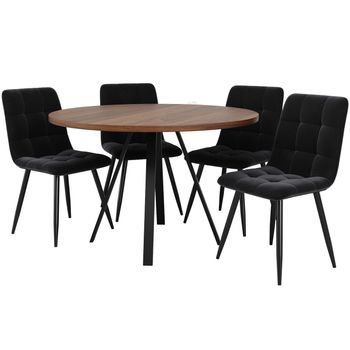 Conjunto De Comedor: Mesa Redonda De 80 Cm Acabado Nogal Y 4 Sillas Negras