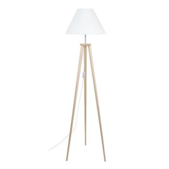 Lámpara de pie trepied trípode madera natural metal pantalla blanco