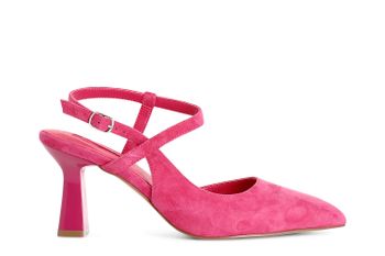 zapato de salón de ante con tira en el tobillo hot pink