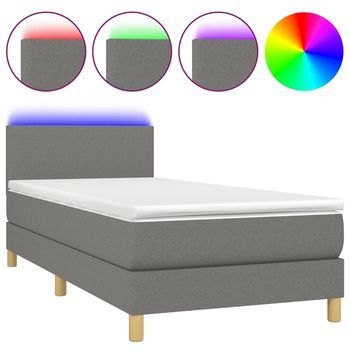 Cama Individual | Cama Box Spring | Cama Para Adultos Colchón Y Luces Led Tela Gris Oscuro 90x200 Cm