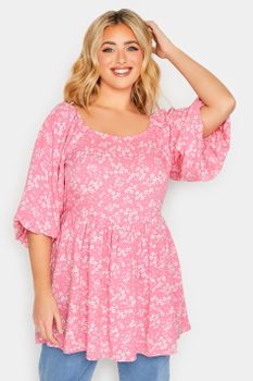 Yours Top Rosa Peplum De Flores Blancas, Mujer Curvy Y Tallas Grandes, Yours