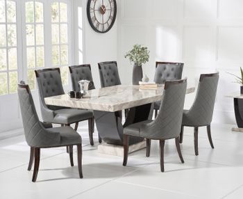 Raphael 200cm Cream and Black Pedestal Marble Dining Table with Angelica Chairs