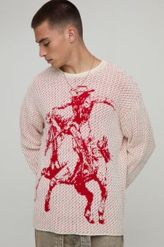 Oversized Long Sleeve Textured Western Knitted T-Shirt, Cream