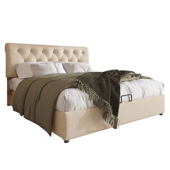 Cama Doble 160x200cm - Tapizada Con Sistema Hidráulico - Cabecero Ajustable - Con Espacio De Almacenaje - Beige