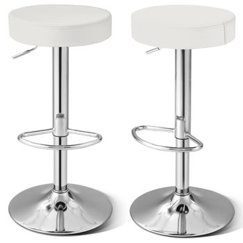 Costway 2 Taburetes de Bar sin Respaldo de PU Artificial Asiento Giratorio Acolchado Reposapiés y Base Antideslizante Blanco