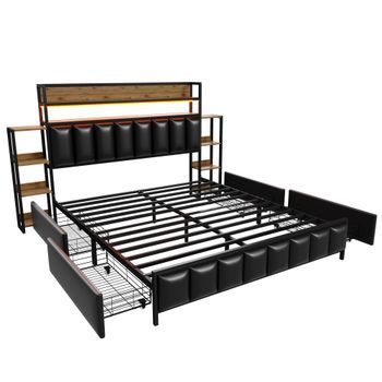 Cama Tapizada 160 X 200 Cm Con 2 Cajones - Polipiel Y Metal - Cabecero Con Almacenaje Y Led - Negro (sin Colchón)