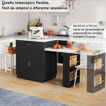 Isla De Cocina Con Mesa Extensible, 211 Cm, Enchufes Y Almacenamiento