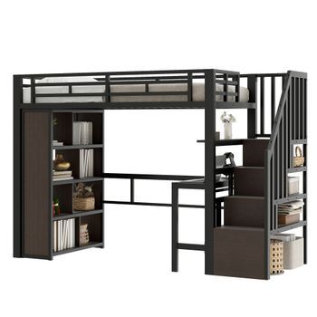 Cama Alta, 90x200 Cm, Metal, Escritorio, Estantes, Led, Escaleras, Negro