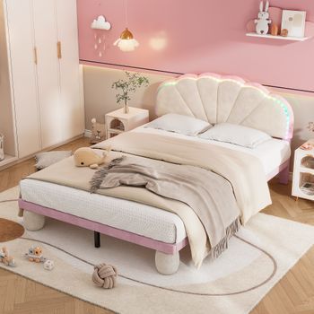 Cama Tapizada 140 X 200 Con Cabecero De Corte Ondulado Y Pies Acolchados Redondos - Led - Terciopelo - Beige + Rosa