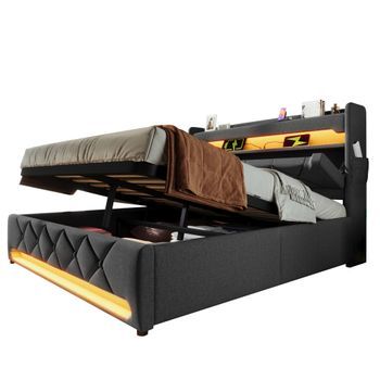 Cama Doble Tapizada 180*200 - Puertos Usb Y Tipo C, Iluminación Led 360° - Almacenamiento Hidráulico - Gris