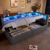 cama canape individual 90x200 cm con almacenamiento hidraulico tomas usb y type-c banda led multicolor varios compartimentos en lino gris