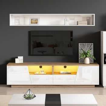 Sweiko Mueble Tv 180x40x46 Cm 2 Cajones 2armarios Led Brillante Compatible 75 Pulgadas Blanco+madera