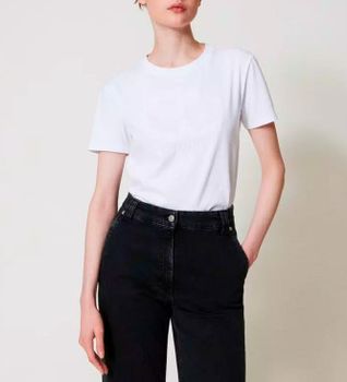 Twinset para mujer. 251TP2072 Camiseta con placa Oval T con strass blanco (XS), Casual, Algodón, Manga corta