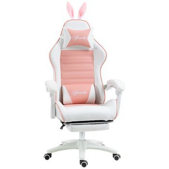 Silla Gaming Rosa Y Blanco 921-621v00pk Reclinable 135° Cuero Pu Con Reposapiés Y Orejas De Conejo