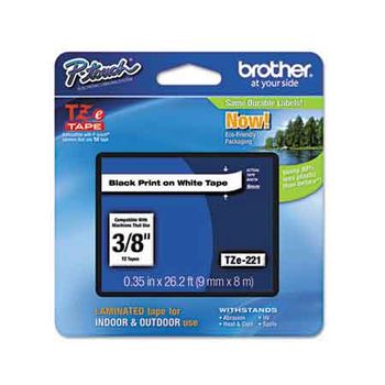 Brother TZe221 Original P-Touch Label Tape - 3/8 x 26 ft (9mm x 8m) Black on White