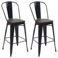 juego de 2 taburetes de bar con respaldo asiento de madera diseno industrial metal negro 040005196