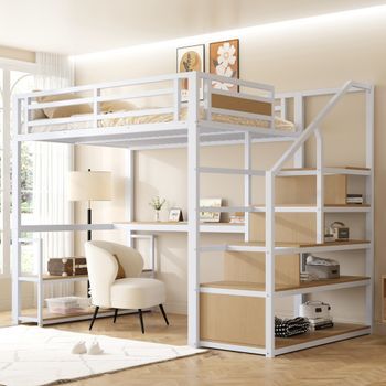 Cama Alta De 140 X 200 Cm Con Escritorio Y Estanterías - Mdf + Metal - Somier De Láminas - Blanco (sin Colchón)